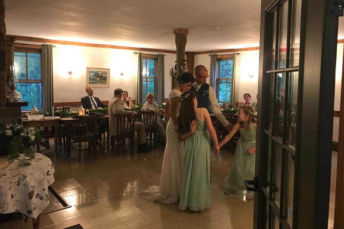 Wedding party dancing during reception